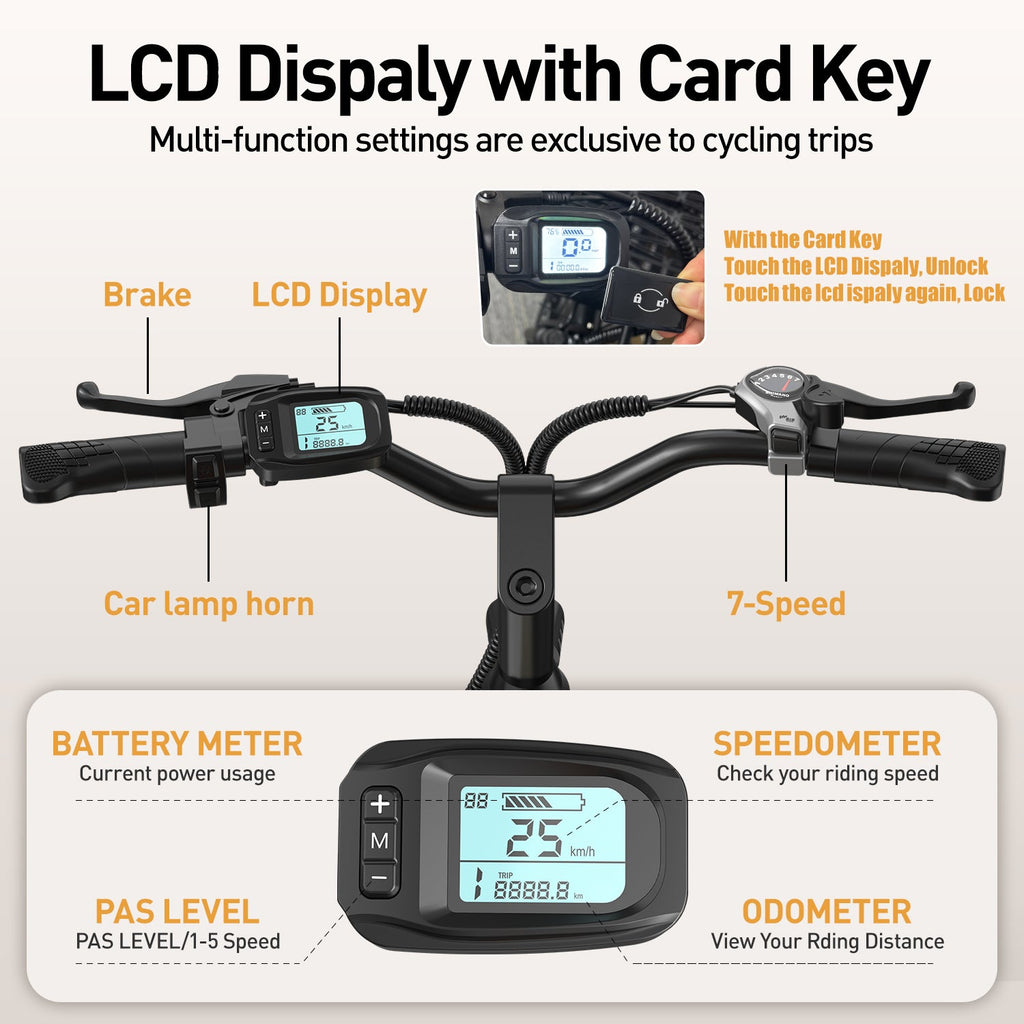 Aairsk SU7 Step-Thru 24" elektrisk bycykel til voksne, 400W motor (PEEK 748W), 36V 13Ah batteri, Shimano 7-speed, LCD-display med kortadgang, bagagebærer bagpå, forlygte 