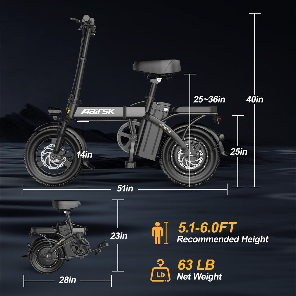 Aairsk F6 Electric Bike for Adults, 748W Motor 20Mph,48V 10Ah Removable Battery, 14" Fat Tire E-Bike with Front Suspension & LCD Display MTB UL2849