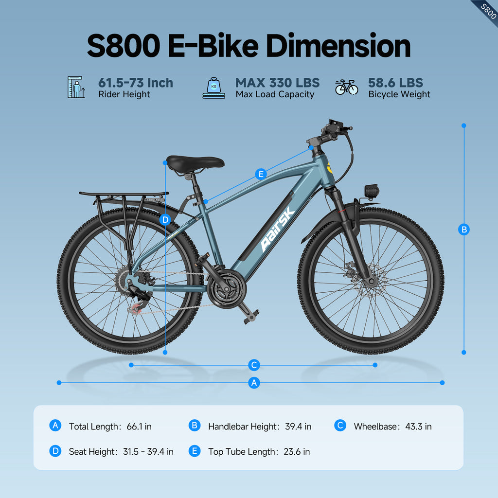 Aairsk S800 26" elcykel 750W (peak) motor, aftageligt 36V 13AH batteri, dobbelt affjedring, ideel til by- og ture på stier