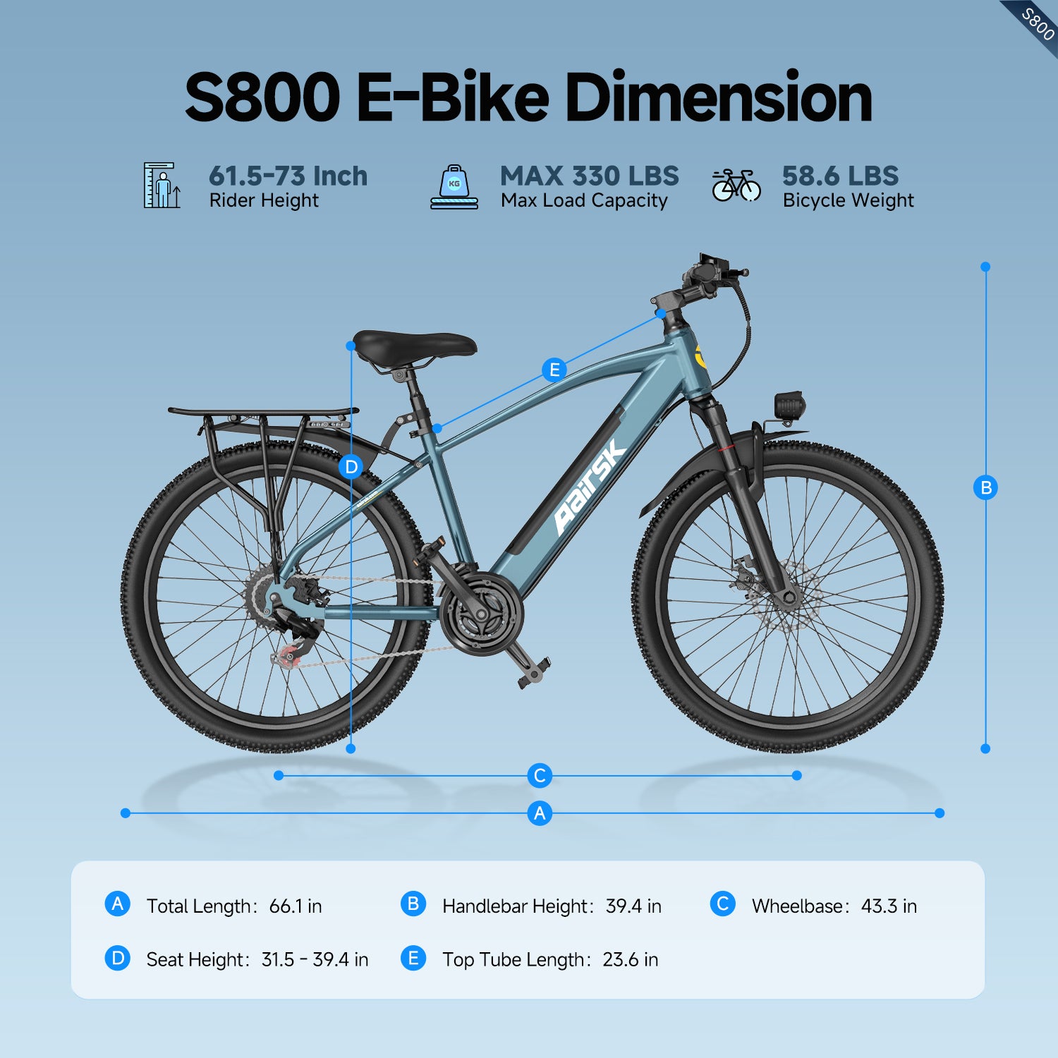 Aairsk S800 26" elcykel 750W (peak) motor, aftageligt 36V 13AH batteri, dobbelt affjedring, ideel til by- og ture på stier