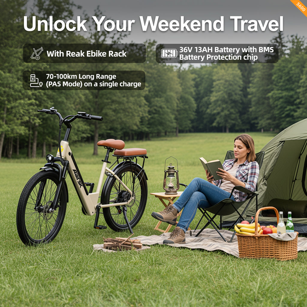 Aairsk S600 Step-Thru 24" elektrisk bycykel til voksne, 400W motor (PEEK 750W), aftageligt 36V 13Ah batteri, Shimano 7-speed, LCD-display med kortadgang, bagagebærer bagpå, forlygte