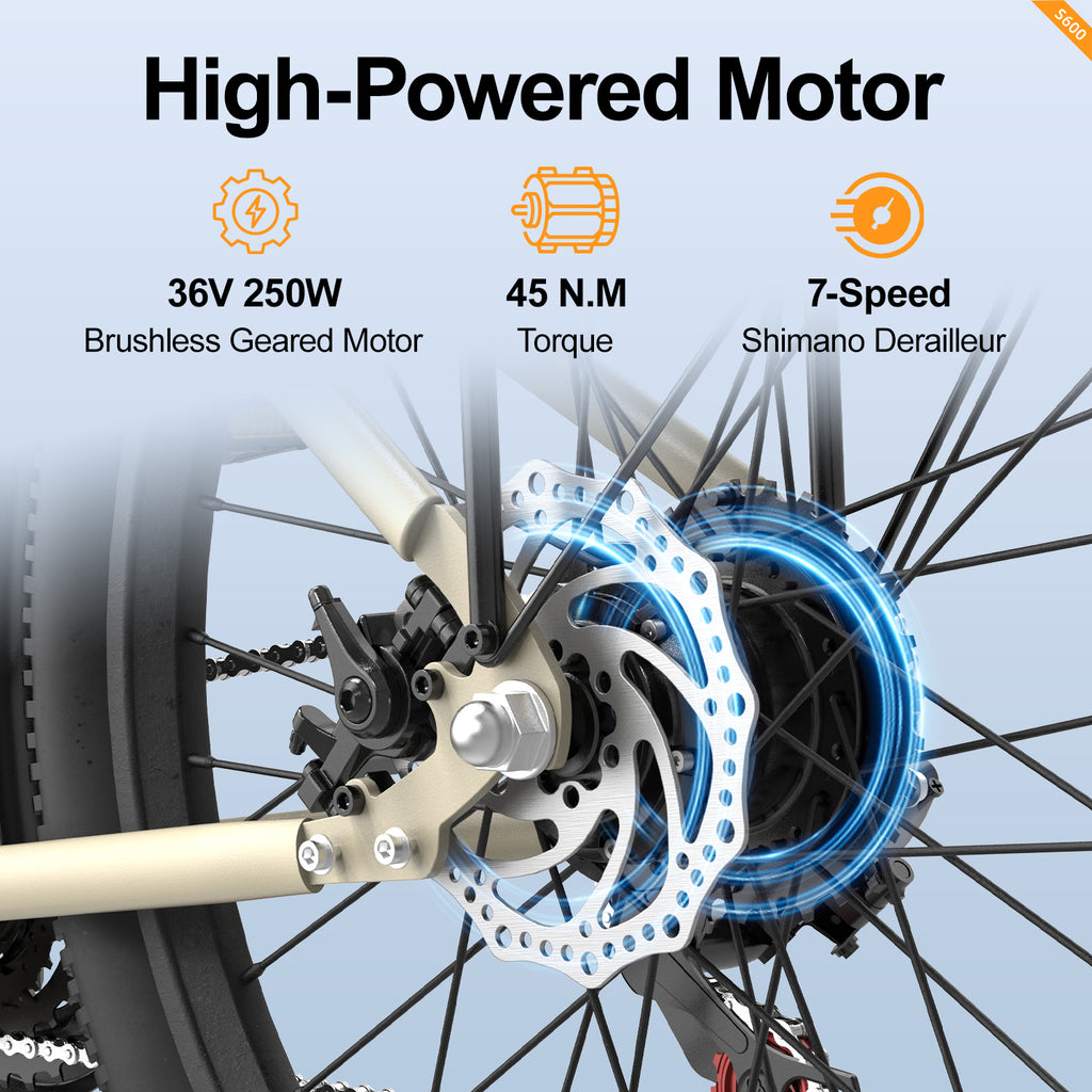 Aairsk S600 Step-Thru 24" elektrisk bycykel til voksne, 400W motor (PEEK 750W), aftageligt 36V 13Ah batteri, Shimano 7-speed, LCD-display med kortadgang, bagagebærer bagpå, forlygte