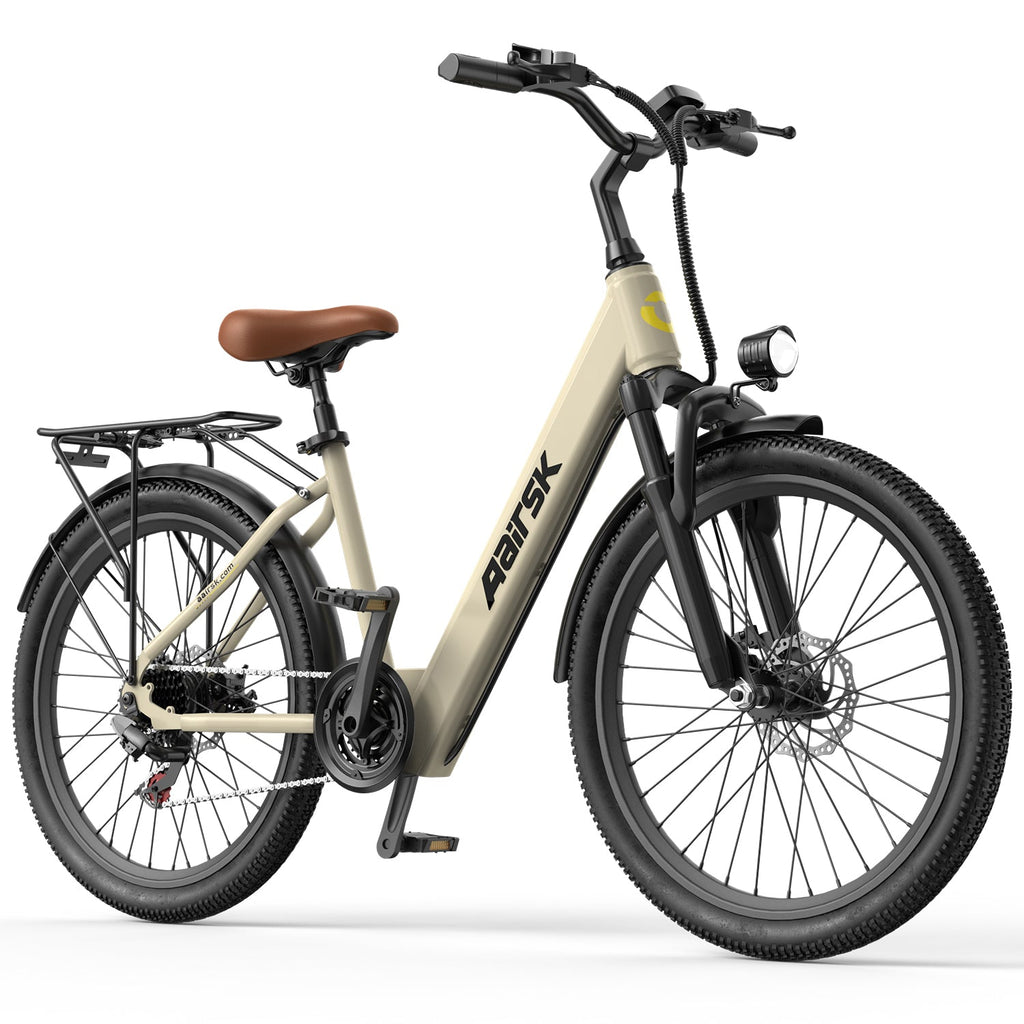 Aairsk SU7 Step-Thru 24" elektrisk bycykel til voksne, 400W motor (PEEK 748W), 36V 13Ah batteri, Shimano 7-speed, LCD-display med kortadgang, bagagebærer bagpå, forlygte 