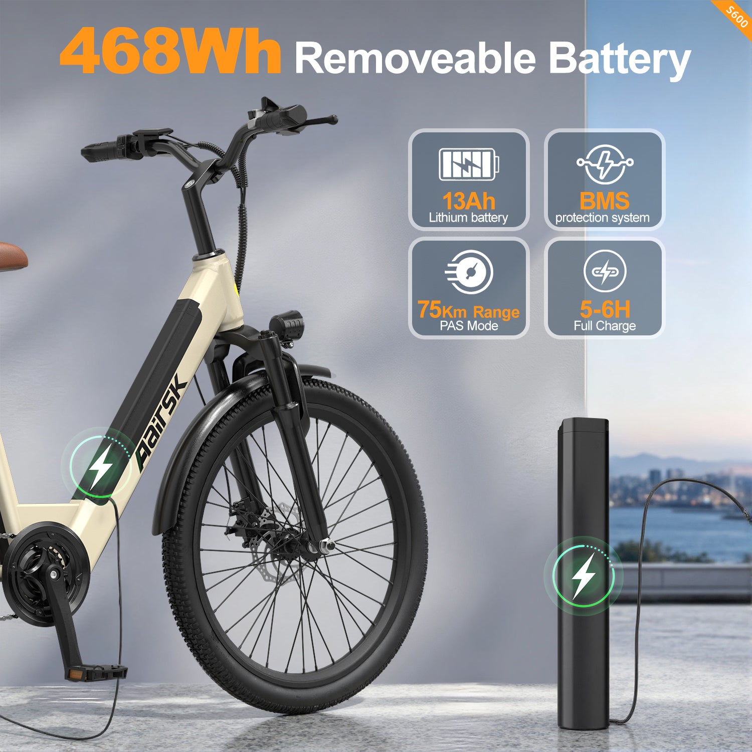 Aairsk S600 Step-Thru 24" Electric City Bike for Adults, 400W Motor(PEEK 750W), Removable 36V 13Ah Battery, Shimano 7-Speed, LCD Display with Card Access, Rear Rack, Headlight