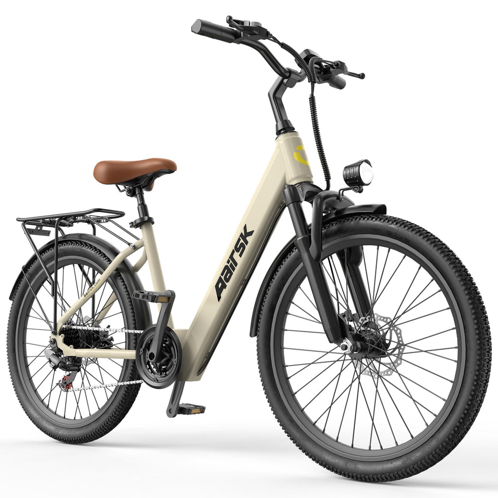 Aairsk SU7 Step-Thru 24" elektrisk bycykel til voksne, 400W motor (PEEK 748W), 36V 13Ah batteri, Shimano 7-speed, LCD-display med kortadgang, bagagebærer bagpå, forlygte 