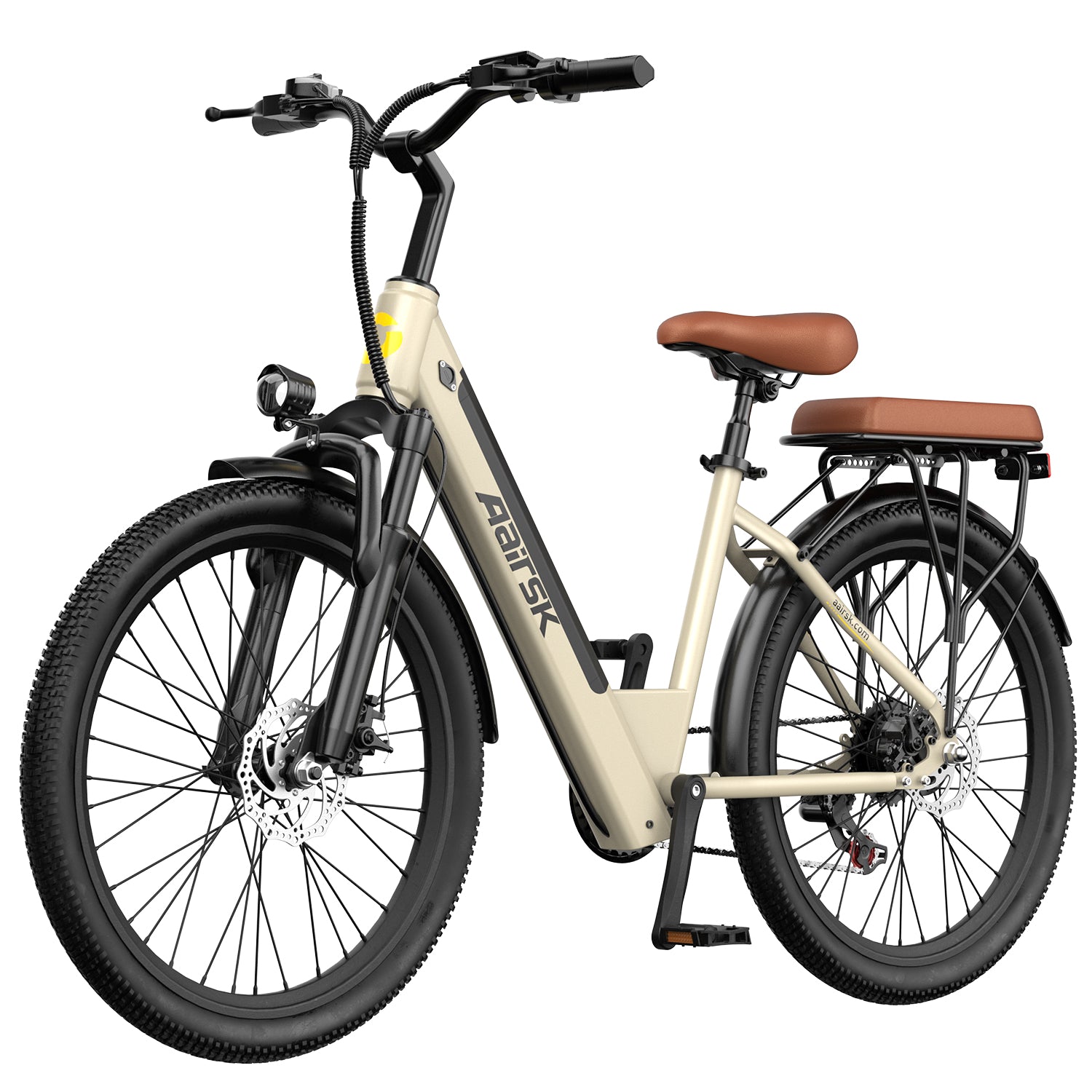 Aairsk S600 Step-Thru 24" elektrisk bycykel til voksne, 400W motor (PEEK 750W), aftageligt 36V 13Ah batteri, Shimano 7-speed, LCD-display med kortadgang, bagagebærer bagpå, forlygte