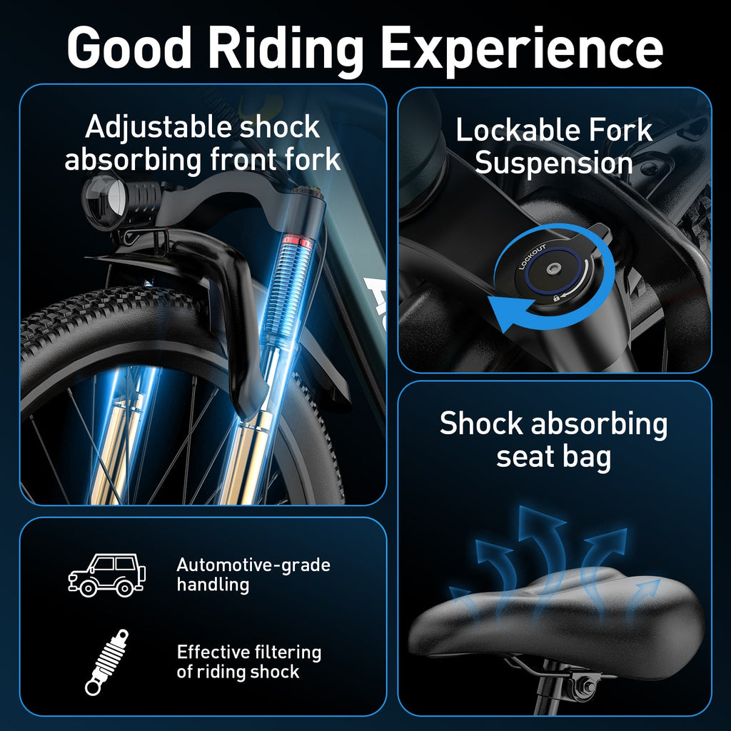 Aairsk GT300 Elcykel 24"/26", 22 mph &amp; 64 km lang rækkevidde mountainbike til voksne teenagere, 36V 10AH litiumbatteri, 400W motor, 7-gears Shimano, forhjulsophæng 