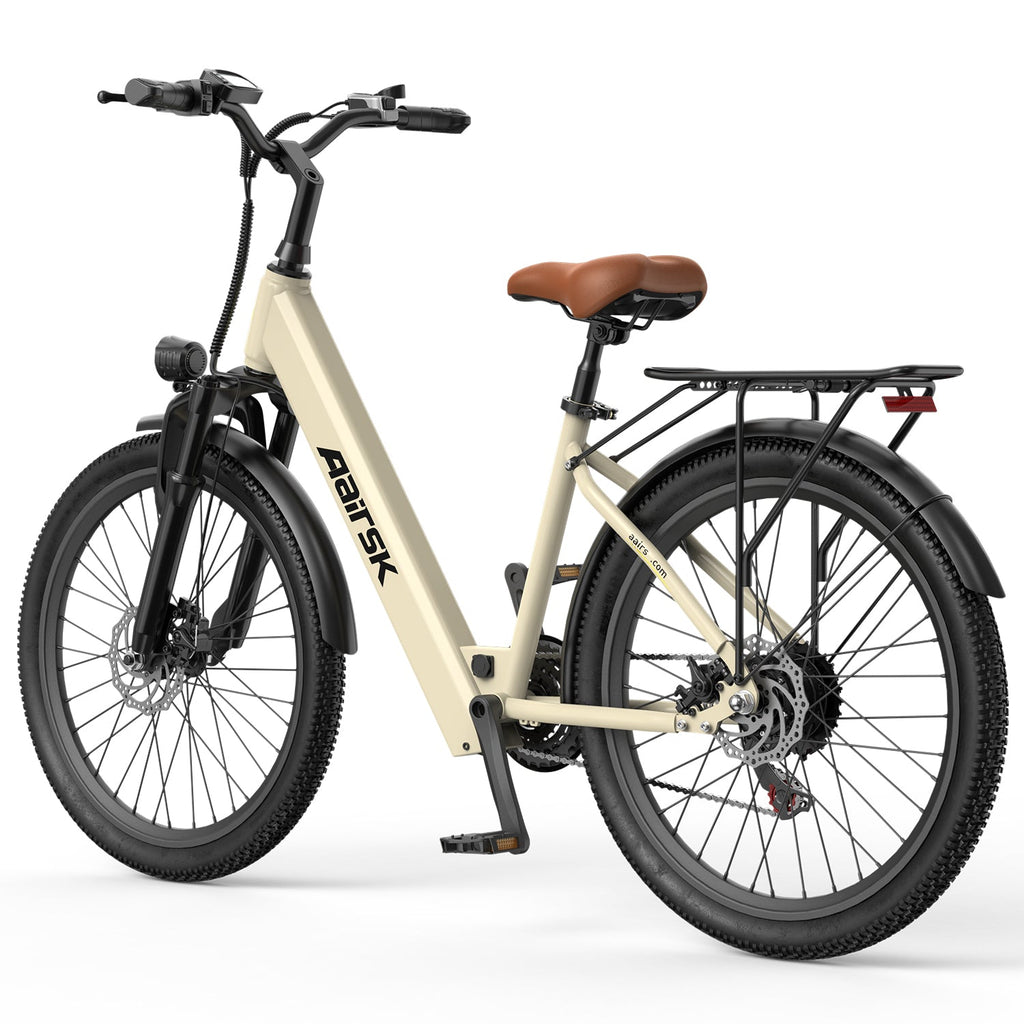 Aairsk SU7 Step-Thru 24" elektrisk bycykel til voksne, 400W motor (PEEK 748W), 36V 13Ah batteri, Shimano 7-speed, LCD-display med kortadgang, bagagebærer bagpå, forlygte 