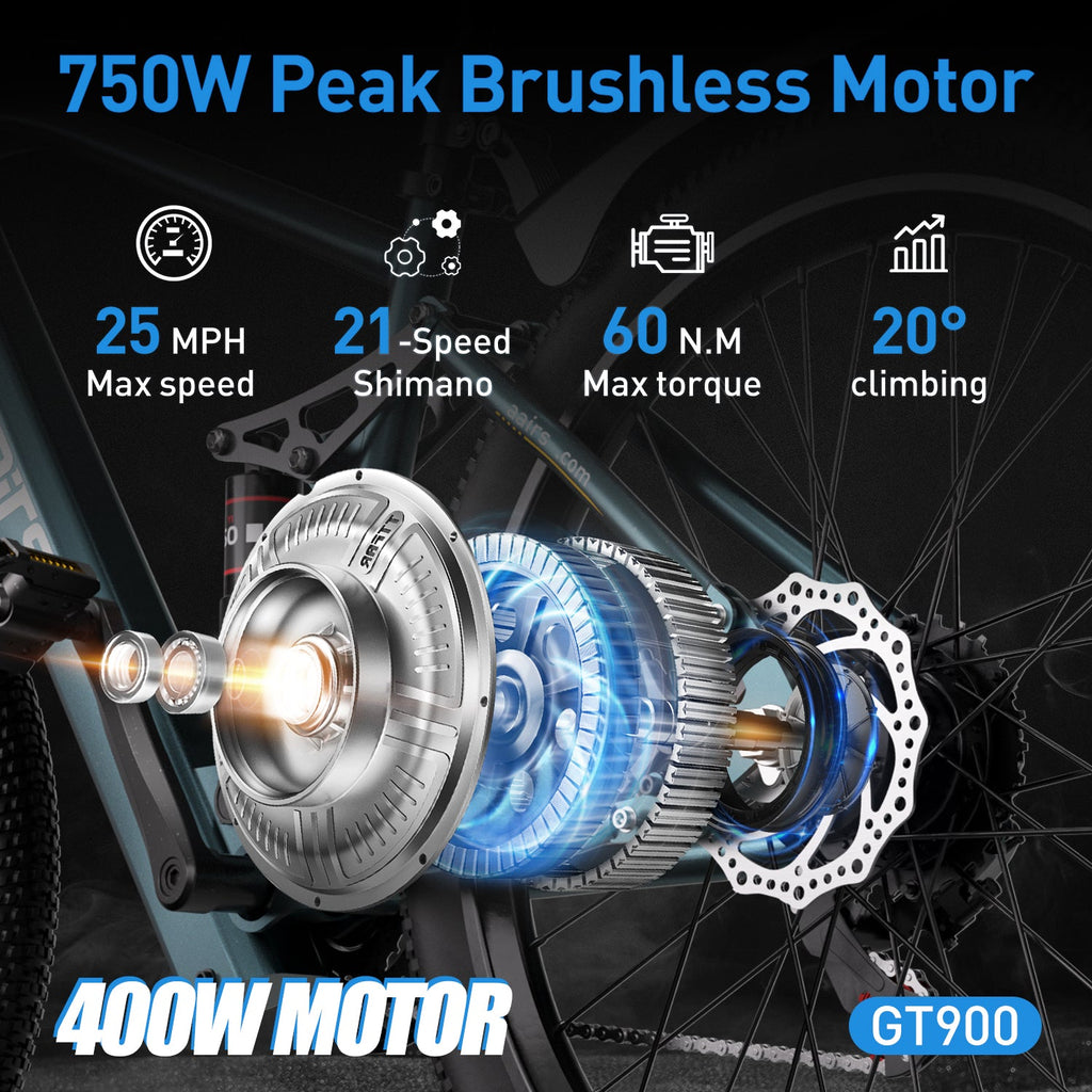 Aairsk GT900 24"/26" Elcykel 748W (Peak) Motor, 36V 13AH Batteri, Dobbelt Affjedring, Ideel til By- og Terrænture 