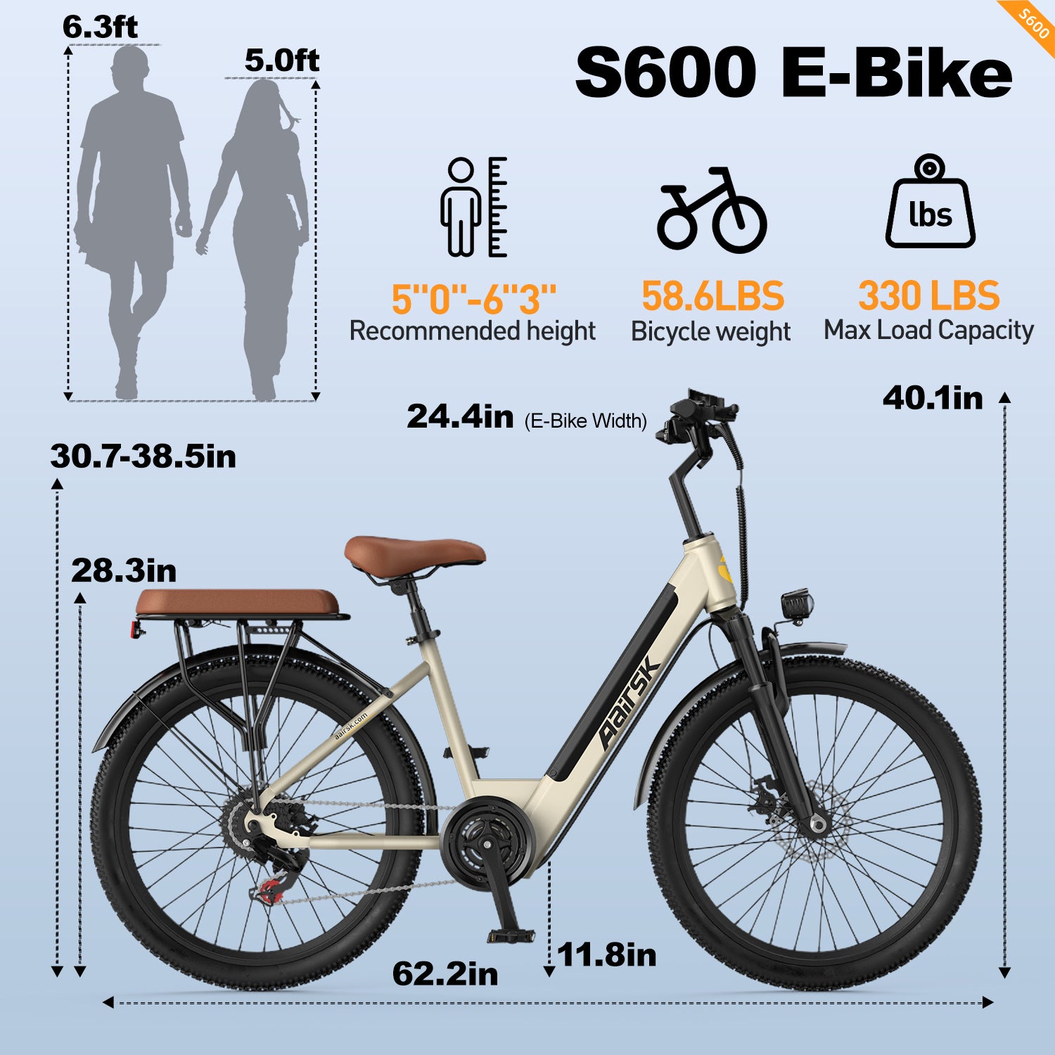 Aairsk S600 Step-Thru 24" elektrisk bycykel til voksne, 400W motor (PEEK 750W), aftageligt 36V 13Ah batteri, Shimano 7-speed, LCD-display med kortadgang, bagagebærer bagpå, forlygte
