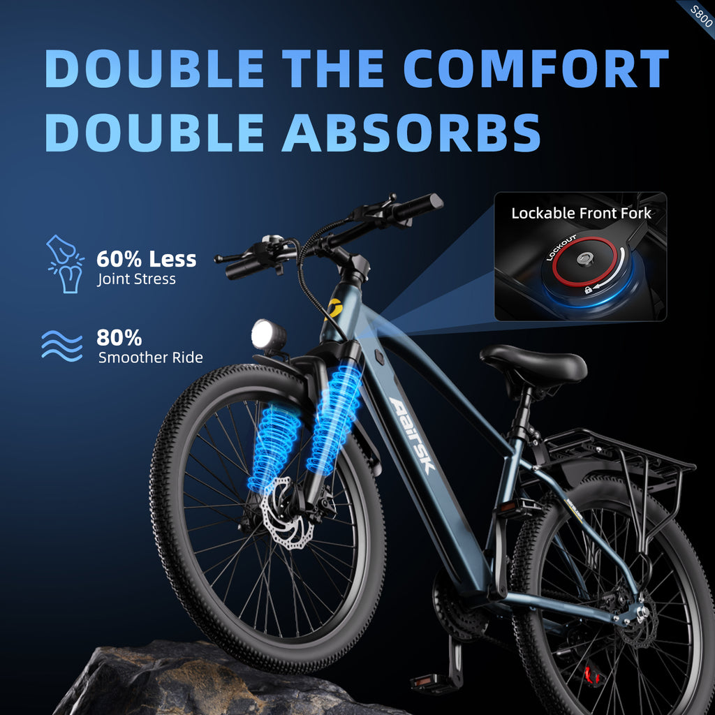 Aairsk S800 26" elcykel 750W (peak) motor, aftageligt 36V 13AH batteri, dobbelt affjedring, ideel til by- og ture på stier