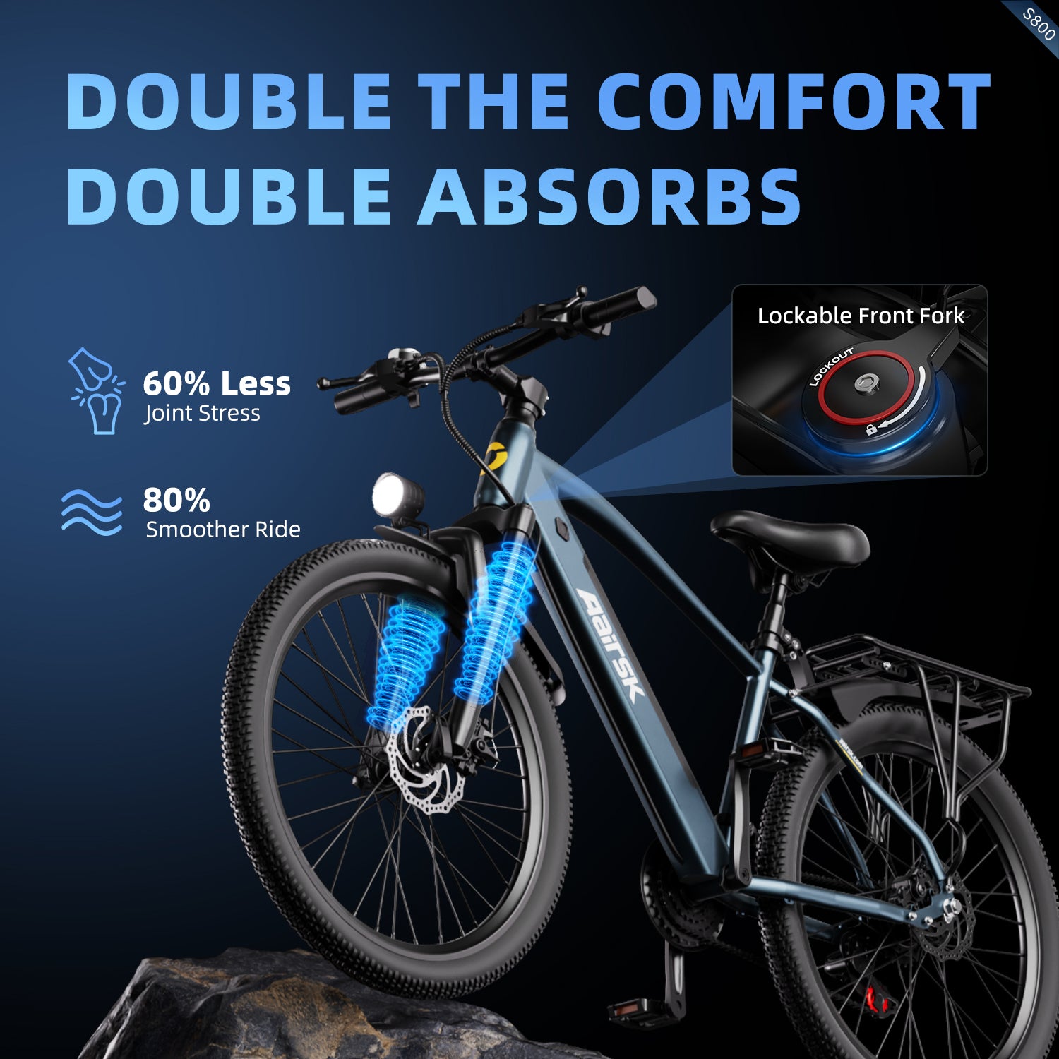 Aairsk S800 26" elcykel 750W (peak) motor, aftageligt 36V 13AH batteri, dobbelt affjedring, ideel til by- og ture på stier