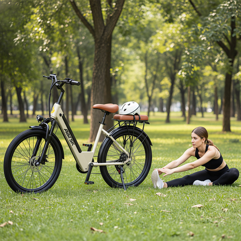 Aairsk S600 Step-Thru 24" elektrisk bycykel til voksne, 400W motor (PEEK 750W), aftageligt 36V 13Ah batteri, Shimano 7-speed, LCD-display med kortadgang, bagagebærer bagpå, forlygte