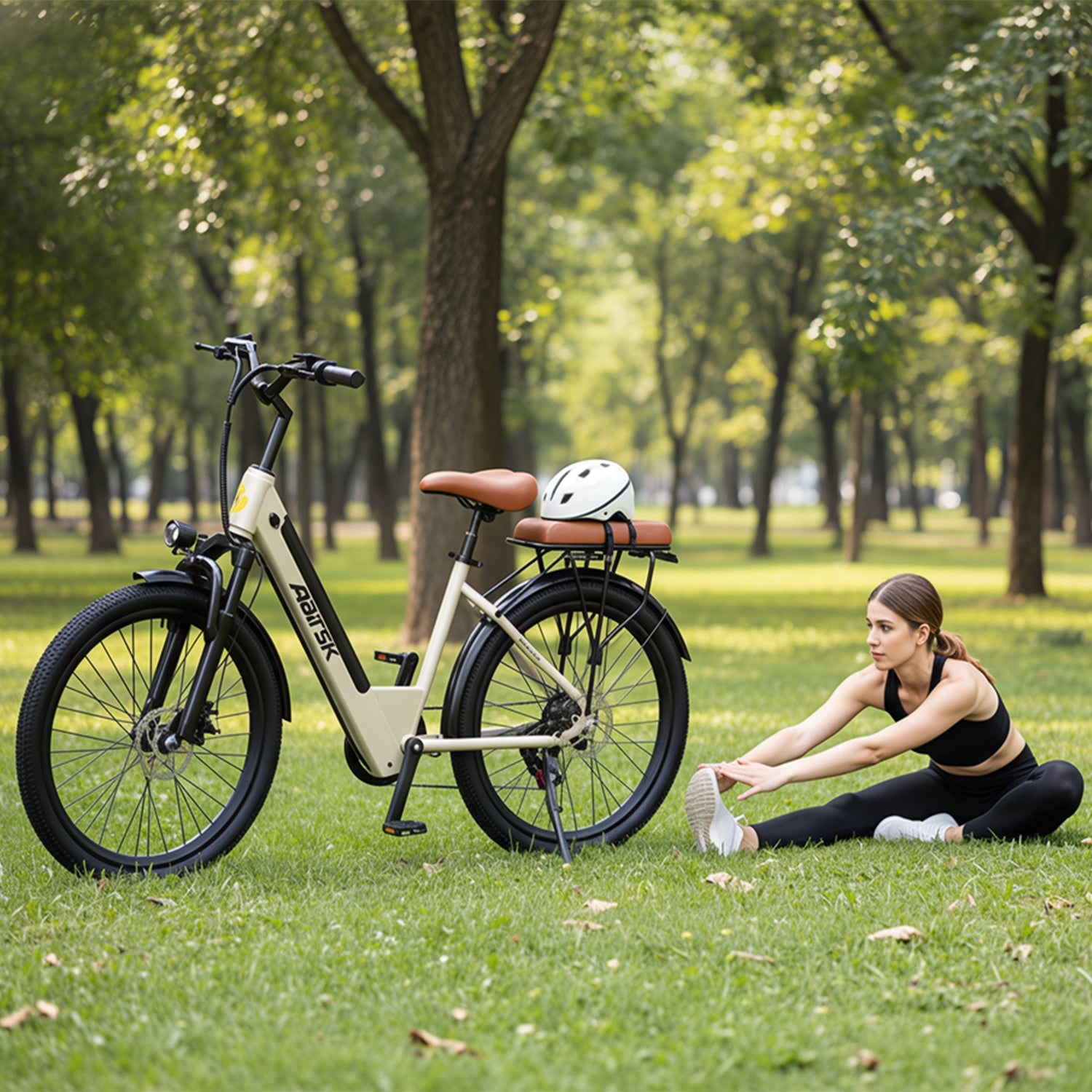 Aairsk S600 Step-Thru 24" elektrisk bycykel til voksne, 400W motor (PEEK 750W), aftageligt 36V 13Ah batteri, Shimano 7-speed, LCD-display med kortadgang, bagagebærer bagpå, forlygte