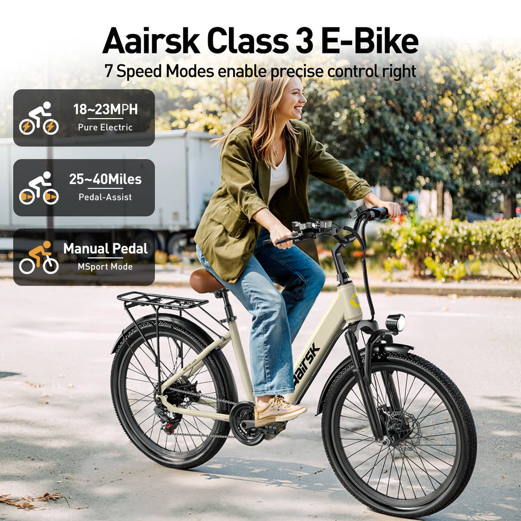 Aairsk SU7 Step-Thru 24" elektrisk bycykel til voksne, 400W motor (PEEK 748W), 36V 13Ah batteri, Shimano 7-speed, LCD-display med kortadgang, bagagebærer bagpå, forlygte 
