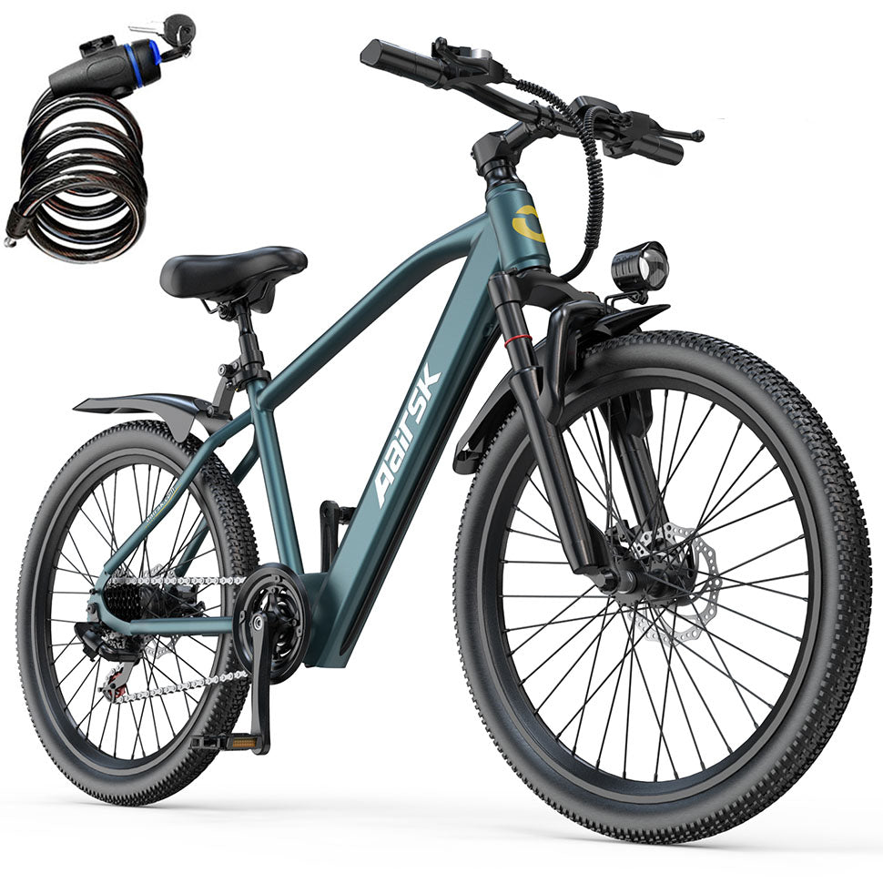Aairsk GT300 Elcykel 24"/26", 22 mph &amp; 64 km lang rækkevidde mountainbike til voksne teenagere, 36V 10AH litiumbatteri, 400W motor, 7-gears Shimano, forhjulsophæng 